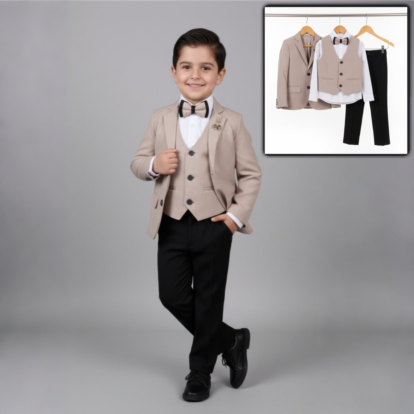 Black & Beige Boys Formal Suit – 5-Piece Set with Blazer, Gilet, Shirt, Pants & Bow Tie