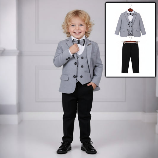 Black & Gray Boys Formal Suit – 5-Piece Set with Blazer, Gilet, Shirt, Pants & Bow Tie