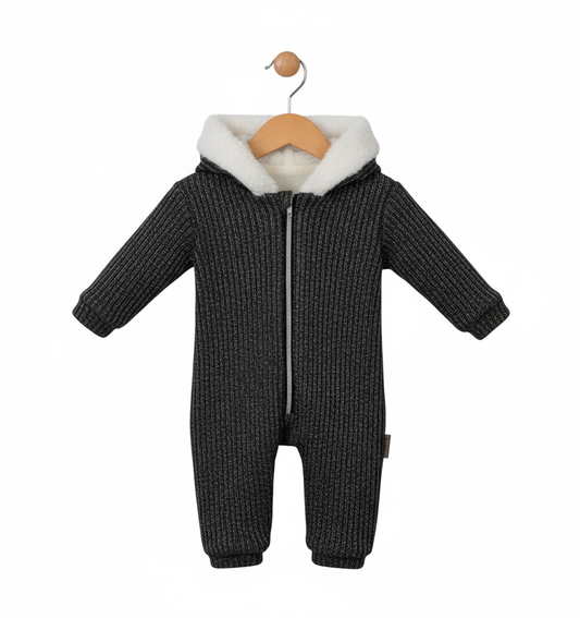 Dark Gray Ribbed Baby Onesie – Hooded Knit Bodysuit with Plush Lining & Front Zipper