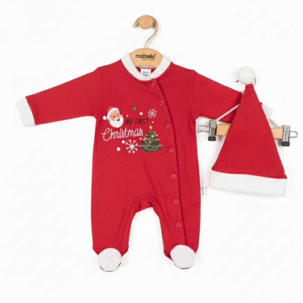 Red “My First Christmas” Baby Onesie – Festive Bodysuit with Santa Hat & Holiday Graphics