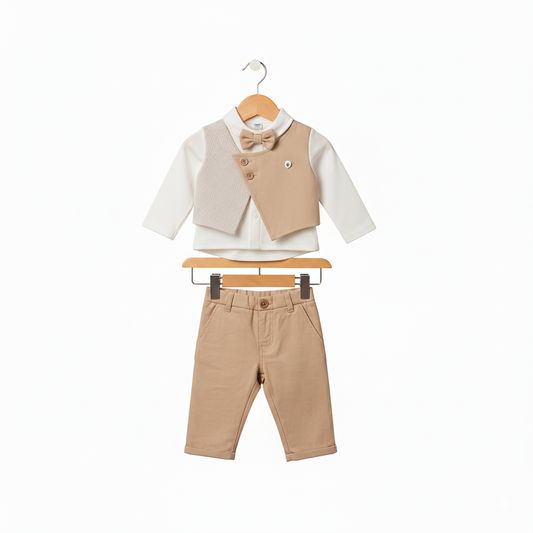 Baby Boy 3-Piece Formal Set – Beige Vest, Shirt & Pants Ensemble
