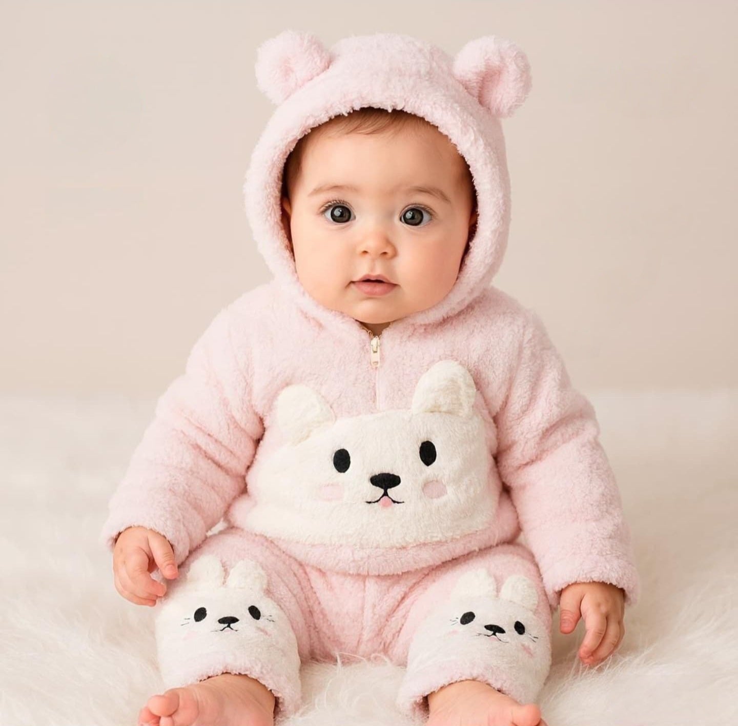 Pink Bunny Fleece Baby Outfit – Hooded Jacket & Pants Set with 3D Ears & Face Design