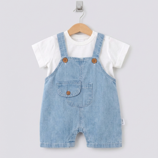 “Blue Sprout” Baby Overall Set – Denim & Tee Combo