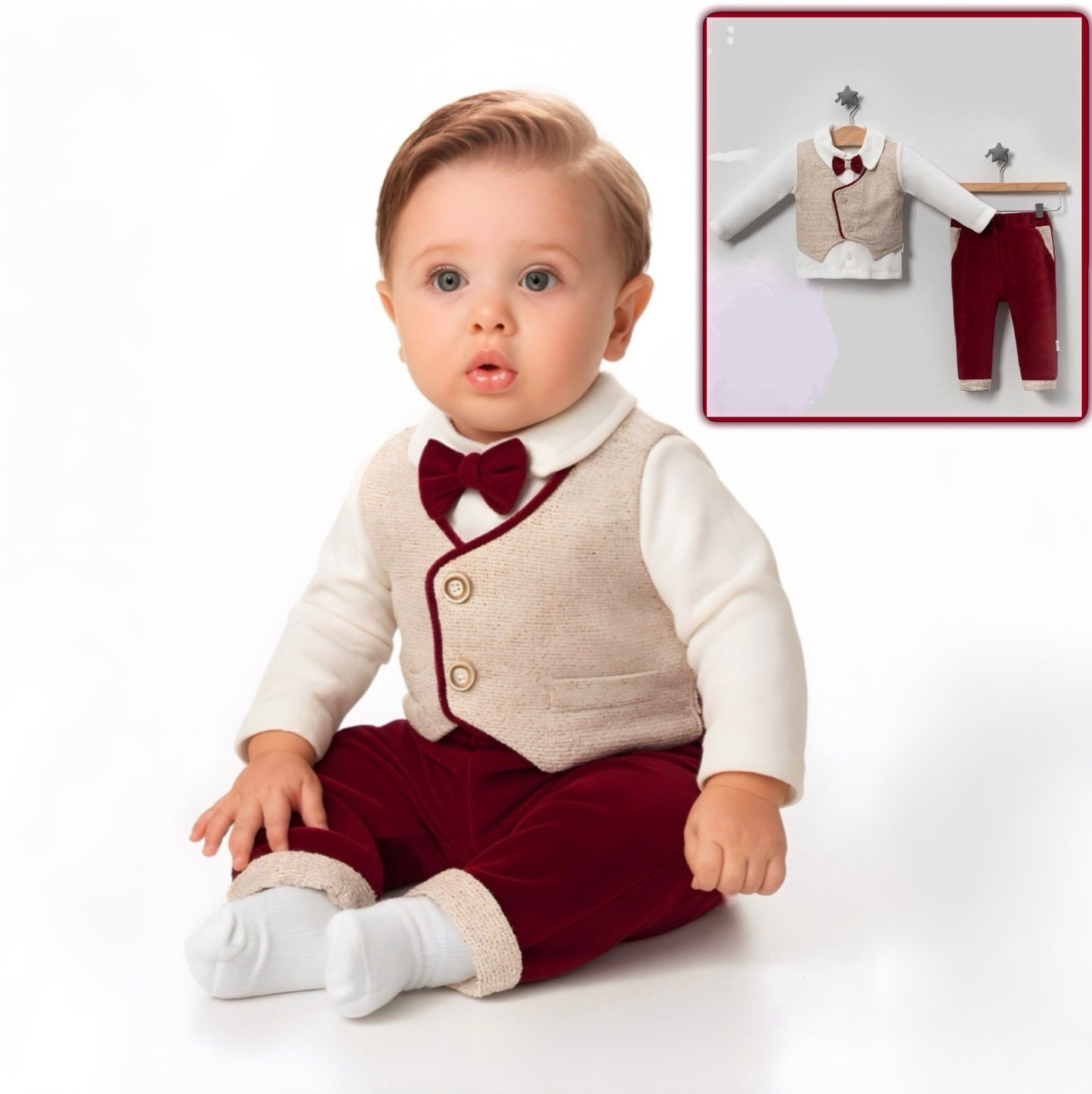 Formal Outfit Set – White Shirt with Beige Vest, Red Bow Tie & Pants for Special Occasions