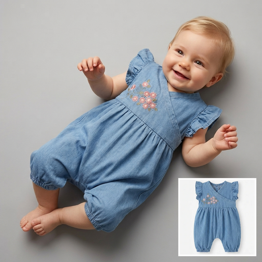 Blue Denim Blossom – Baby Girl Romper