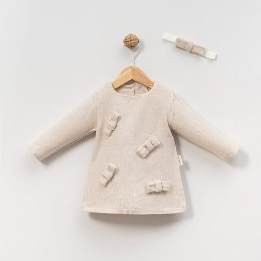 Beige Baby Dress with Bows – Long Sleeve Textured Outfit & Matching Headband for Special Occasions