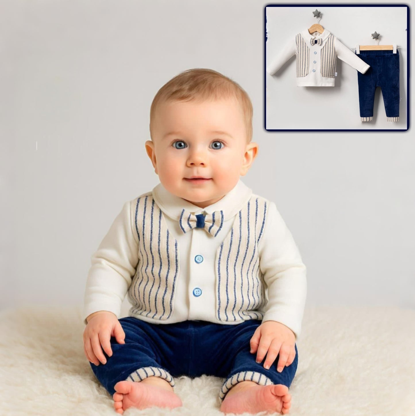 Baby Boy Formal Set – Striped Shirt with Bow Tie & Navy Pants