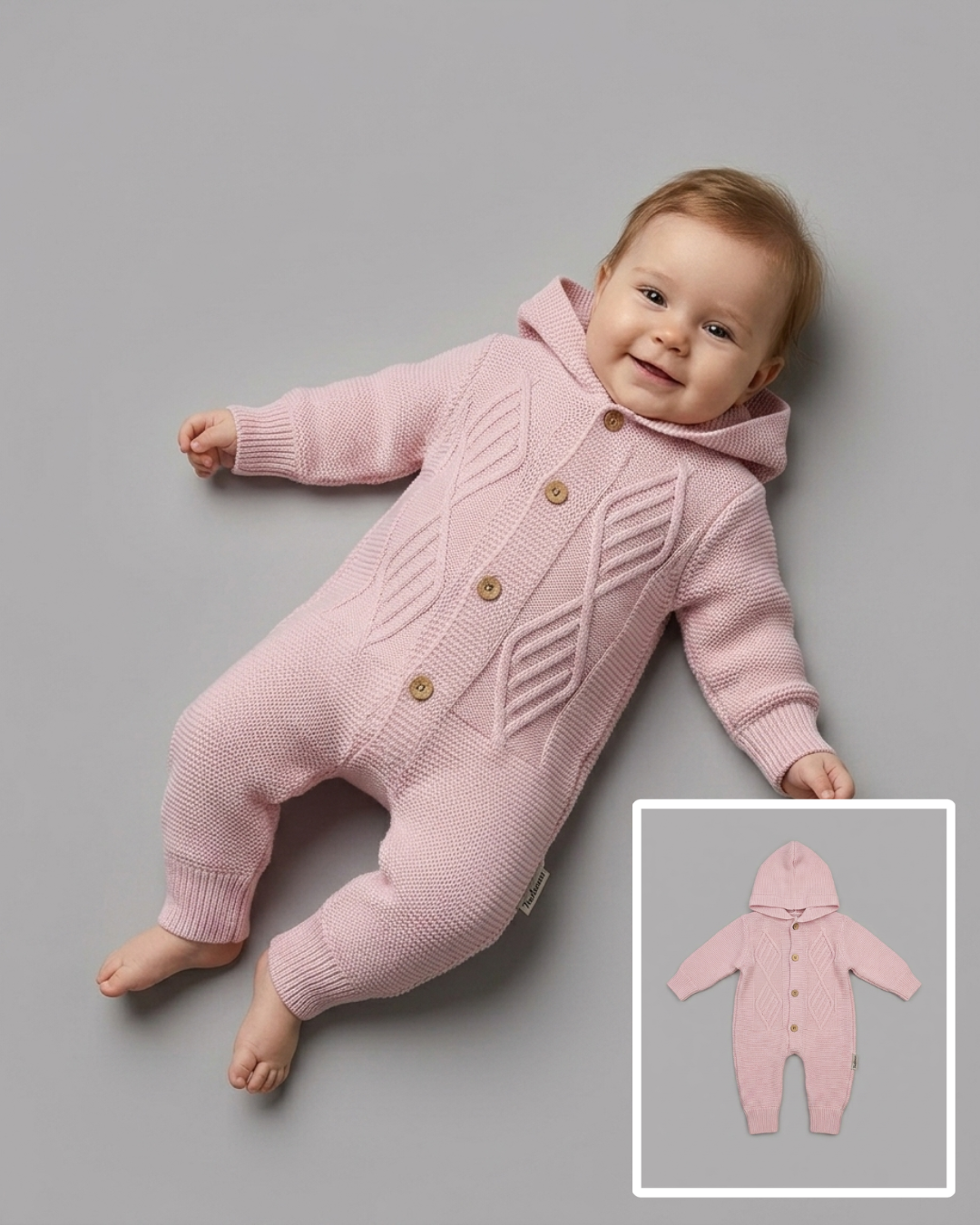 The Madeleine Cable-Knit Hooded Romper – Light Pink