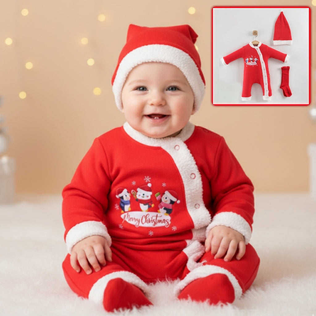 Red “Merry Christmas” Baby Outfit – Faux Fur Onesie with Santa Print, Hat & Socks
