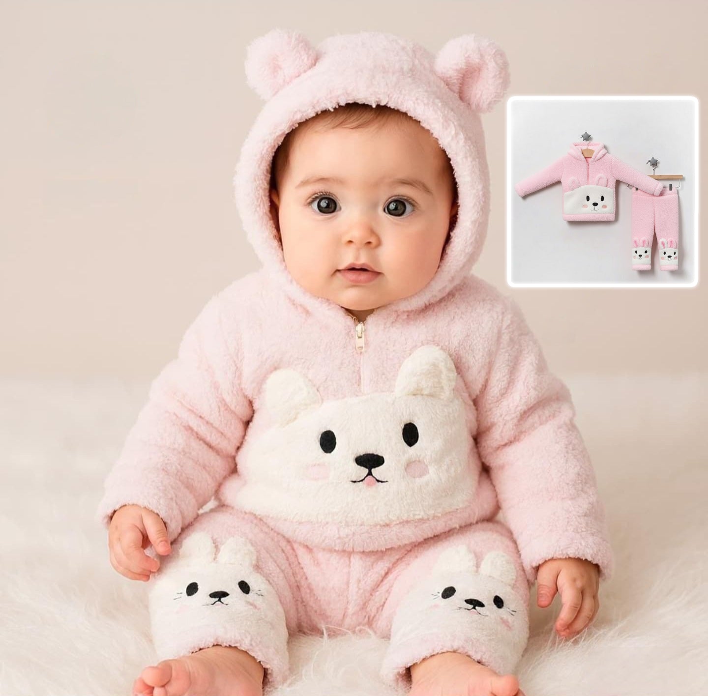 Pink Bunny Fleece Baby Outfit – Hooded Jacket & Pants Set with 3D Ears & Face Design
