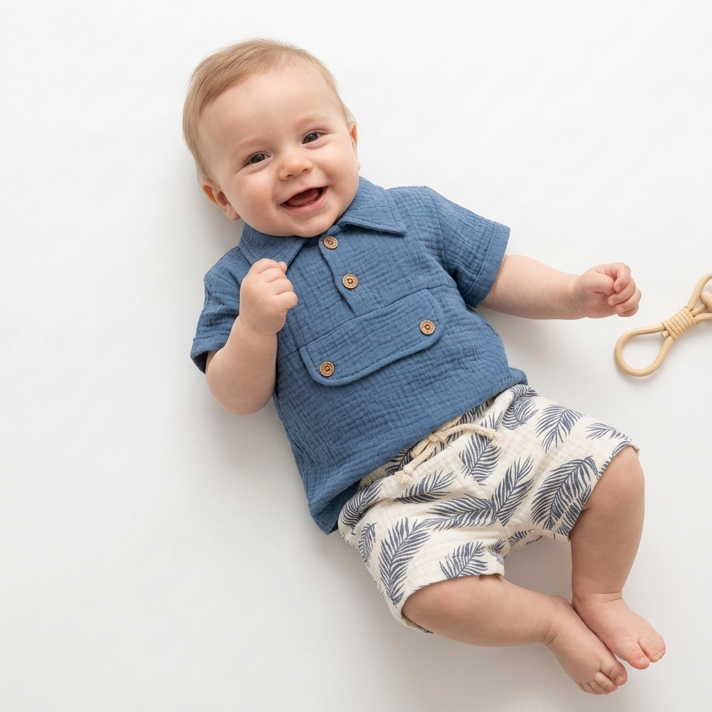 “Seaside Breeze” Baby Summer Set – Textured Shirt & Leaf Shorts