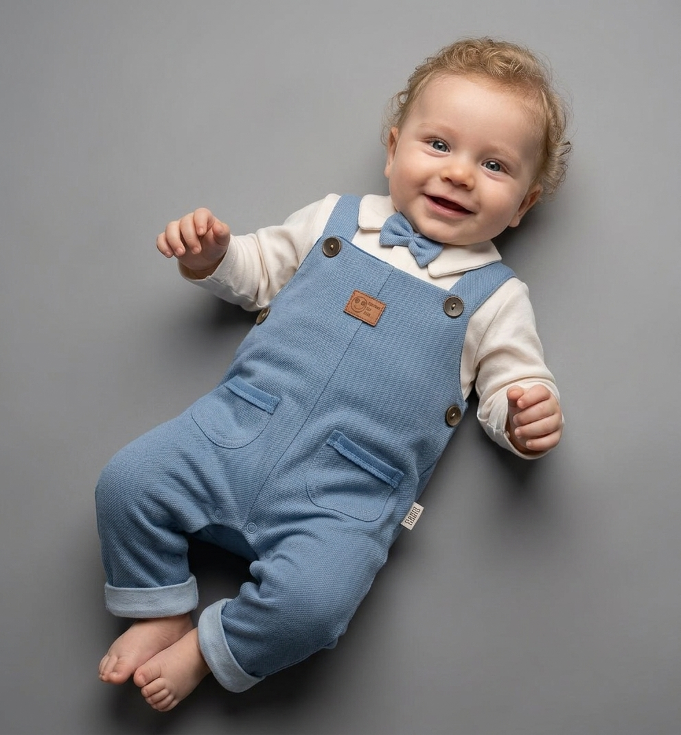 Blue Suspender Baby Outfit with Bow Tie – Classic Formal Set for Boys