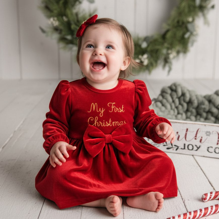 Red Velvet “My First Christmas” Baby Dress – Holiday Outfit with Bow & Matching Hair Accessory