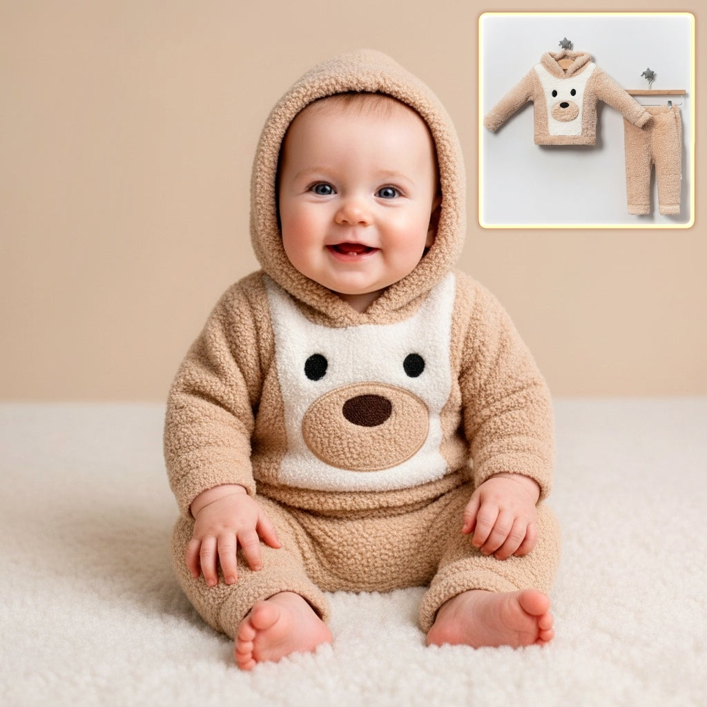Beige Plush Bear Baby Outfit – Hooded Sweatshirt & Pants Set for Cozy Winter Comfort
