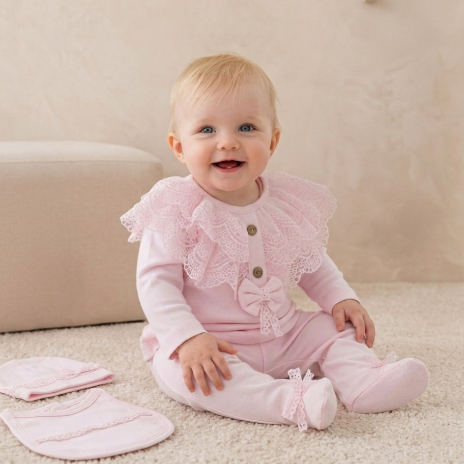 Pink Newborn Outfit Set – Lace Top, Pants & Accessories