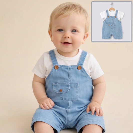 “Blue Sprout” Baby Overall Set – Denim & Tee Combo