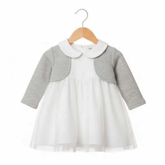 White & Gray Baby Dress – Sheer Dotted Skirt with Peter Pan Collar & Bolero Overlay