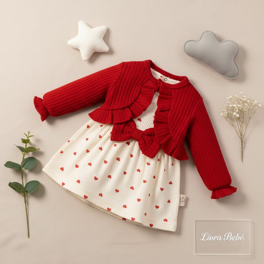 Red & White Baby Girl Dress Set – Heart Print Dress with Bow and Ruffled Cardigan