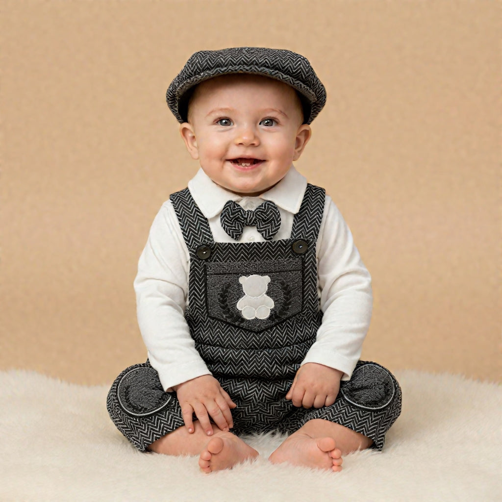 Baby Boy Formal Outfit Set – Herringbone Overalls, Bow Tie Polo Shirt & Cap with Bear Details