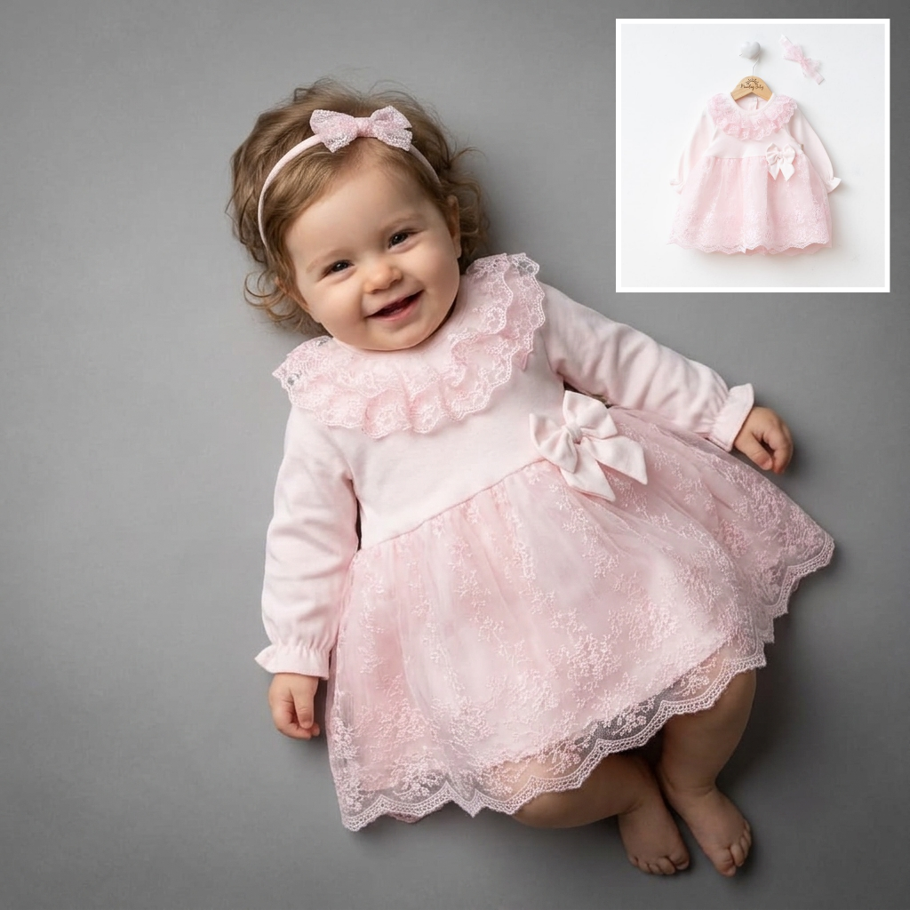 Pink Baby Girl Lace Dress – Bow & Headband Set