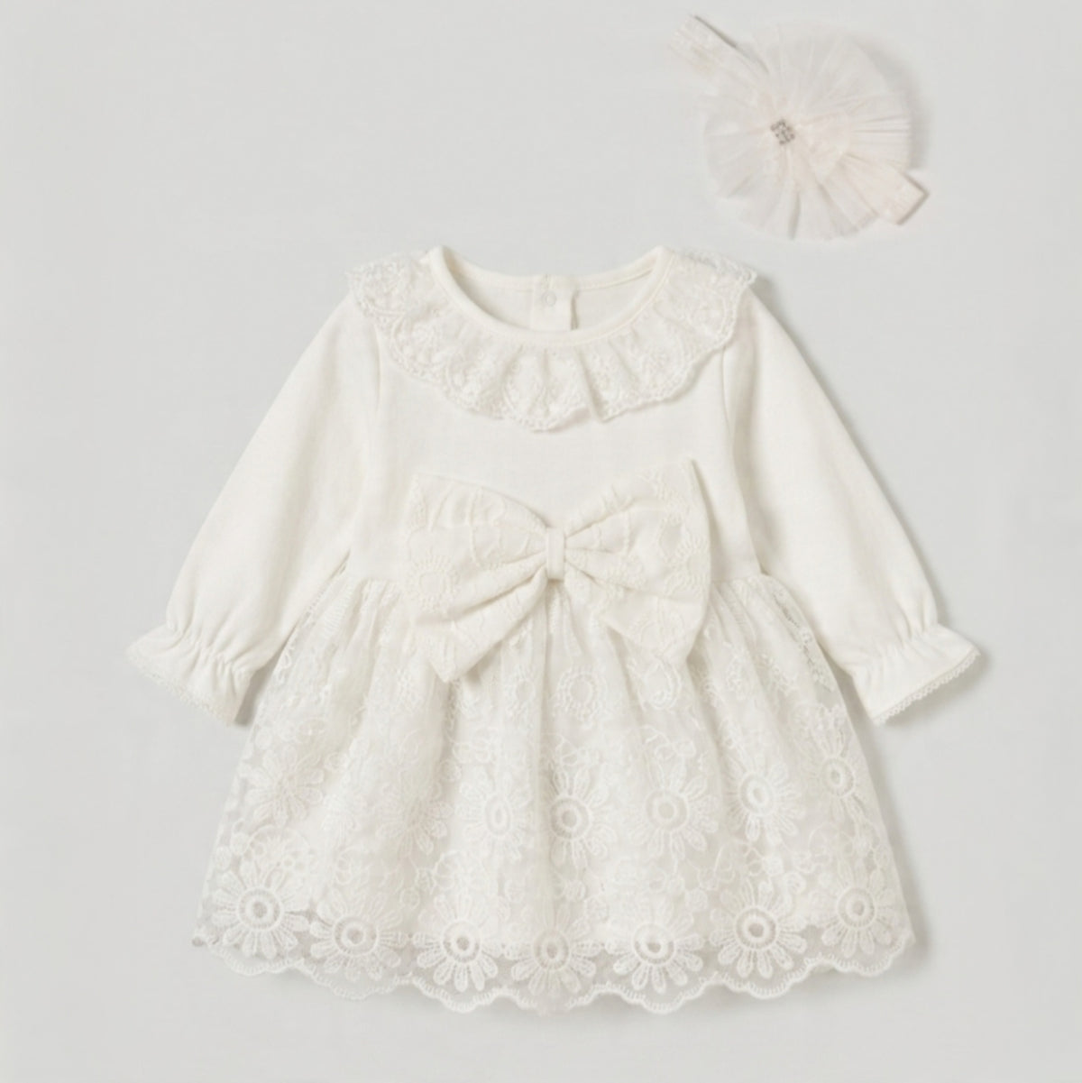 The Penelope Ruffled Lace Dress & Headband Set – Pure White