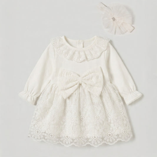 The Penelope Ruffled Lace Dress & Headband Set – Pure White