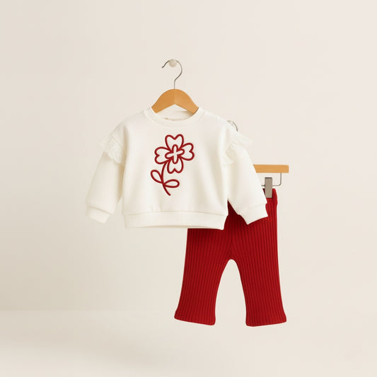 Red & White Baby Girl Outfit – Floral Sweatshirt with Lace Detail & Ribbed Pants Set