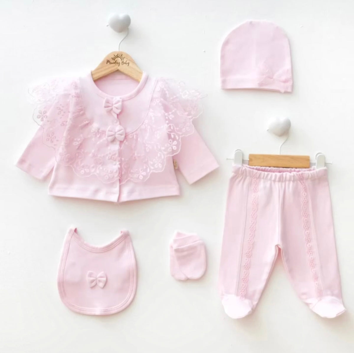 The Florence 5-Piece Lace-Trimmed Cardigan & Pants Gift Set – Soft Pink