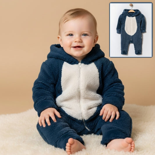 Plush Hooded Baby Jumpsuit – Dark Blue