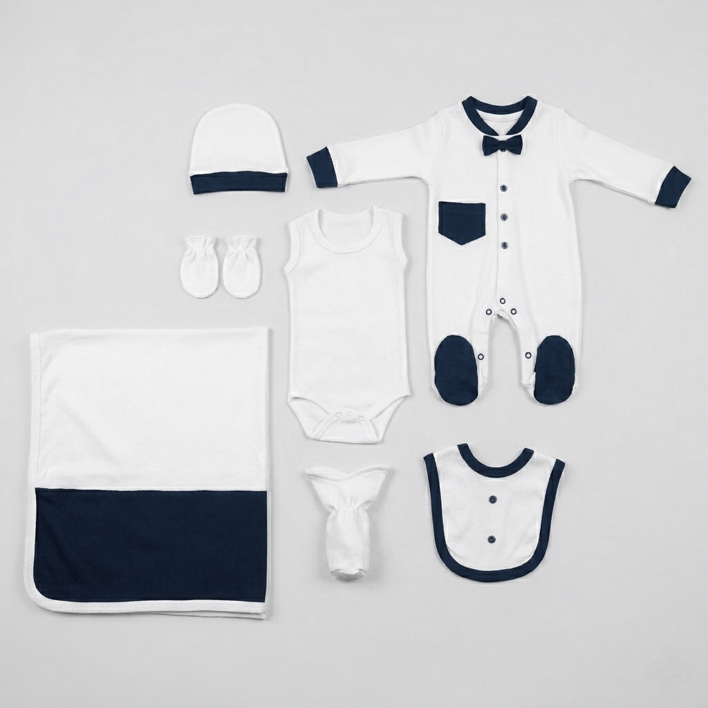“Midnight Blessings” Baby Gift 10 PCS Set – Navy & White Ensemble