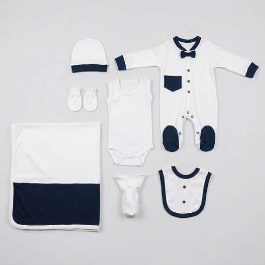 “Midnight Blessings” Baby Gift 7 PCS Set – Navy & White Ensemble