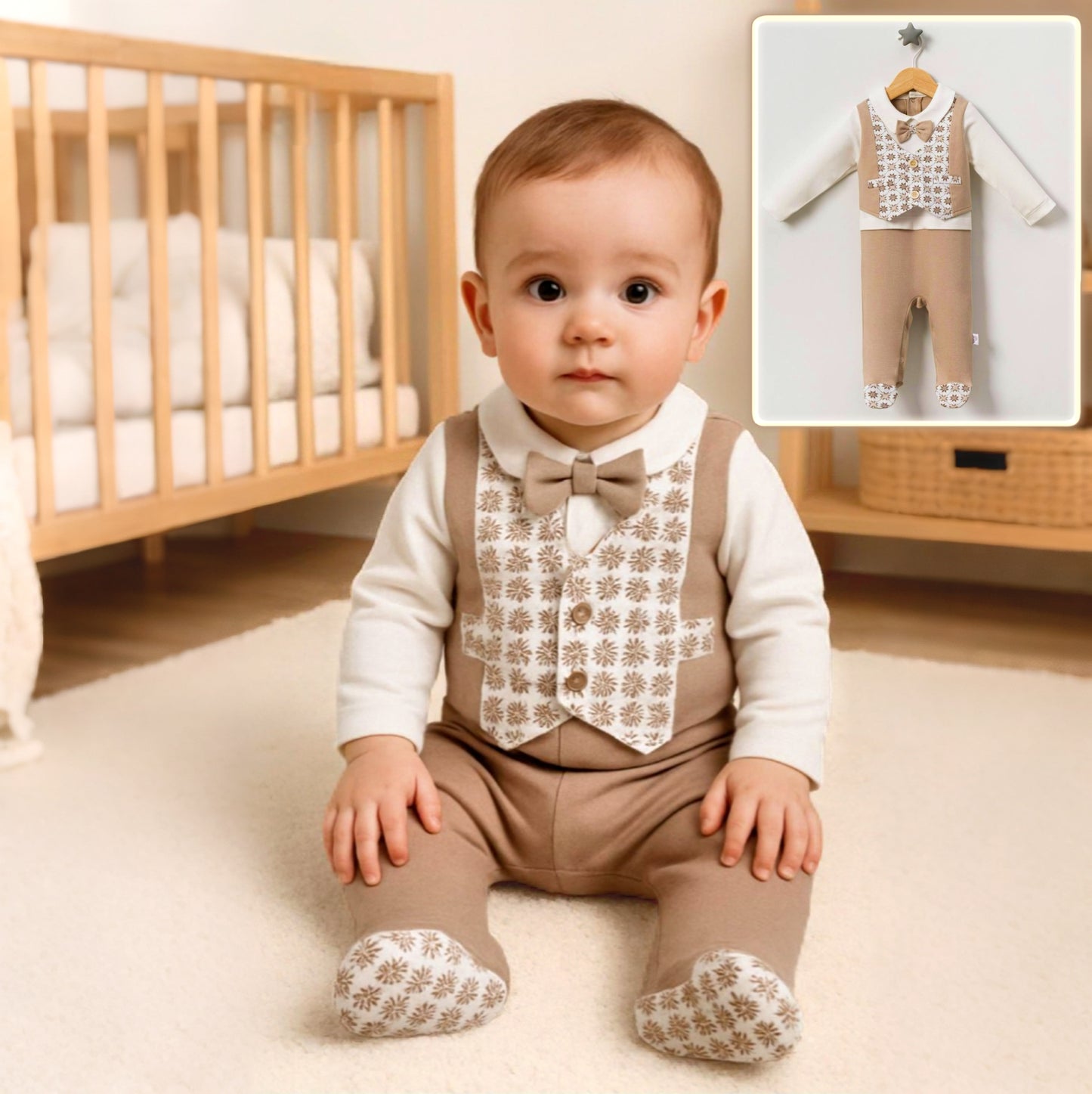 Baby Boy Formal Set – Blue Patterned Vest, Shirt & Pants Ensemble (Beige)