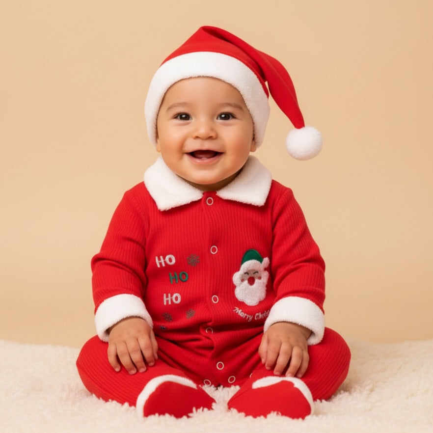 Santa Claus Christmas Baby Onesie – Red Holiday Bodysuit with Faux Fur Trim & Matching Hat