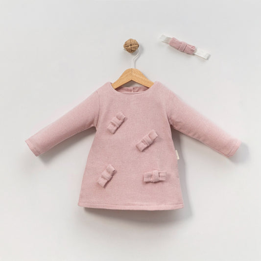 Light Pink Baby Girl Dress – A-Line Bow Accent Outfit with Matching Headband