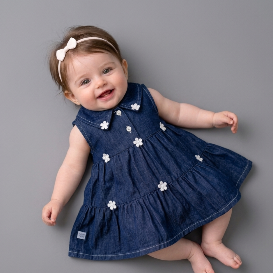 “Meadow Heart” Baby Denim Dress – Tiered Skirt & Floral Detail