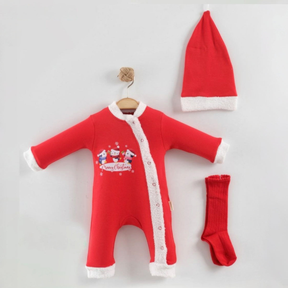 Red “Merry Christmas” Baby Outfit – Faux Fur Onesie with Santa Print, Hat & Socks