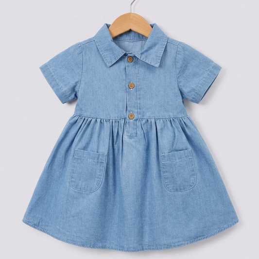 “Skyline Grace” Baby Denim Dress – Button Front & Pocket Detail