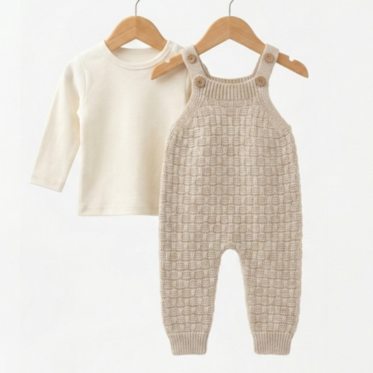 The Henry Textured Knit Overall Romper Set – Oat Beige