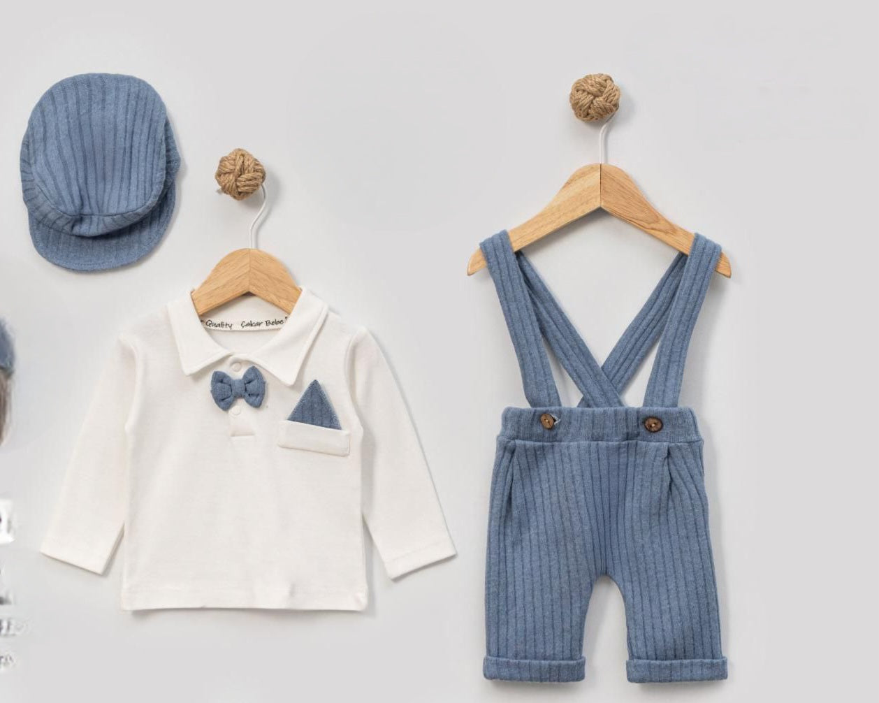 Baby Boy Herringbone Outfit Set – Overalls, Bow Tie Polo Shirt & Cap with Bear Patch