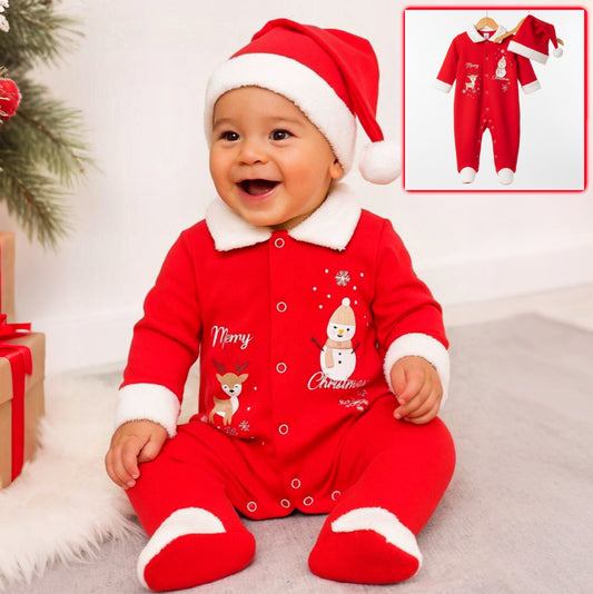 Red Christmas Baby Onesie – Festive Holiday Bodysuit with Santa Hat & Snap Closures