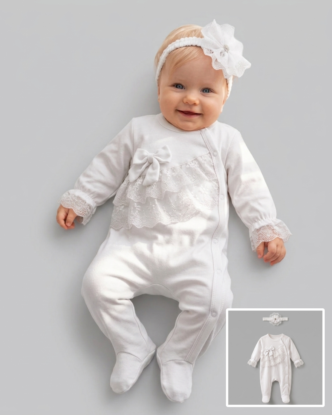 The Cecilia 2-Piece Lace Bodice Footed Romper & Headband Set – Pure White