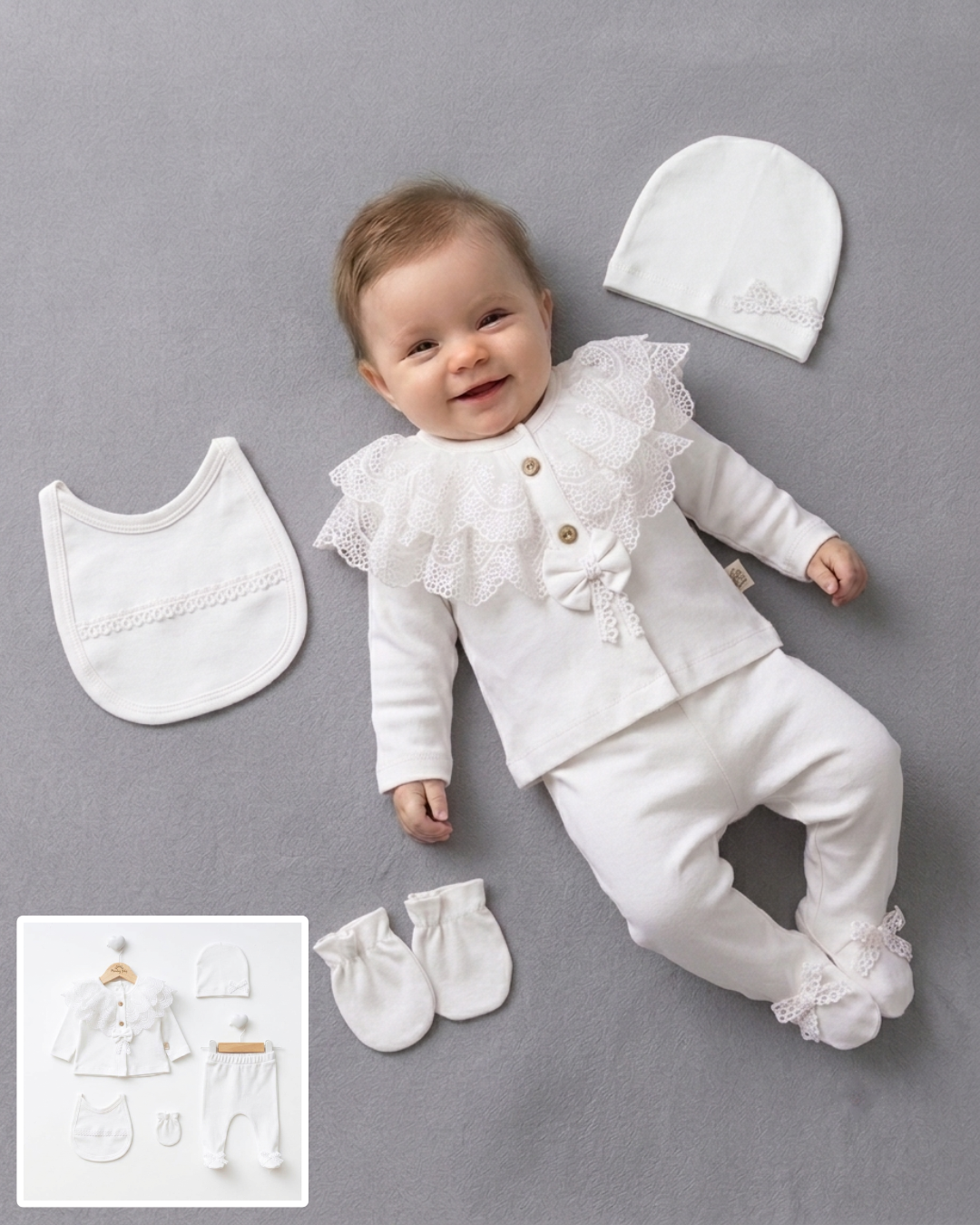 The Emmeline 5-Piece Lace Collar Top & Pants Set – Pure White