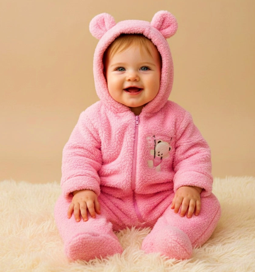 Pink Fleece Baby Onesie – Hooded Bear Design with Enclosed Feet & Front Zipper for Winter Comfort