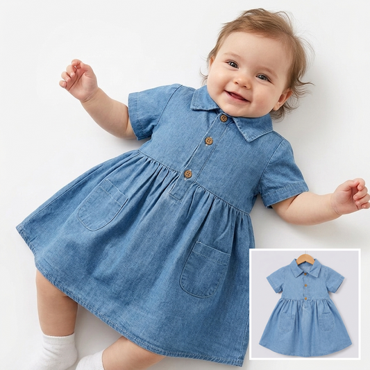 “Skyline Grace” Baby Denim Dress – Button Front & Pocket Detail