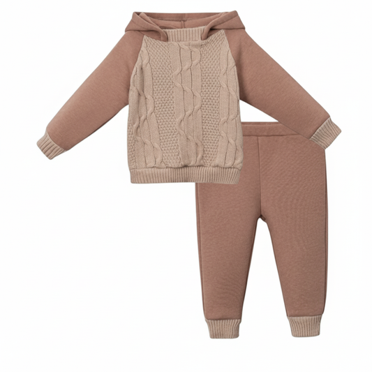 Cable Knit Outfit – Hooded Sweater & Ribbed Pants Set in Brown & Beige for Fall Comfort