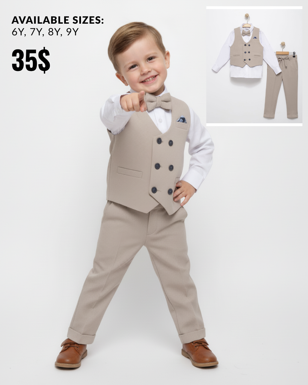 Beige Boys Formal Suit – 4-Piece Set with Gilet, Shirt, Pants & Bow Tie