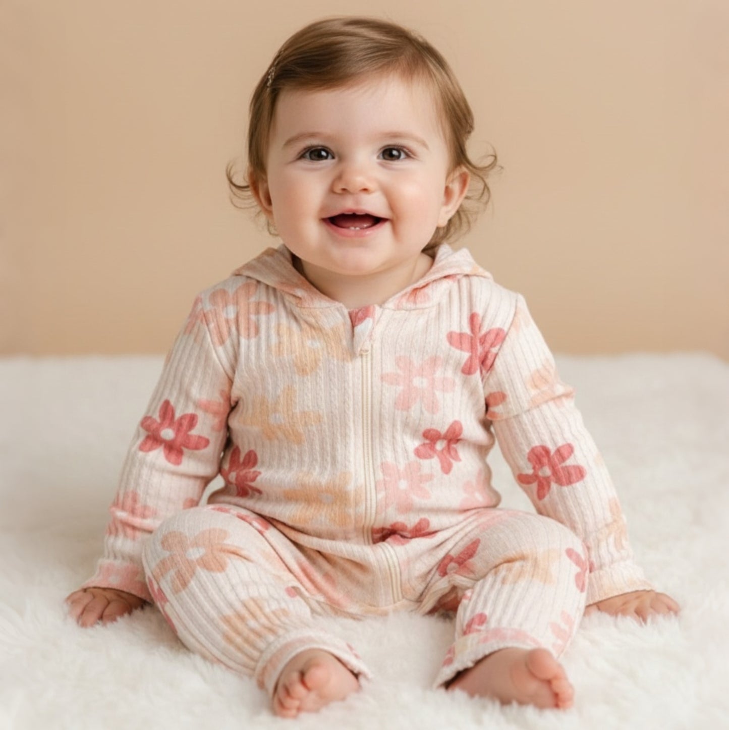 Light Pink Floral Hooded Baby Romper – Ribbed Zip-Up Outfit