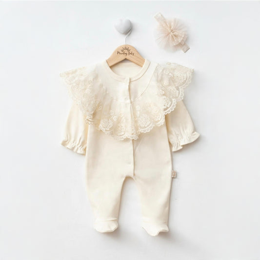 The Genevieve Lace Collar Footed Sleeper Set – Vintage Cream