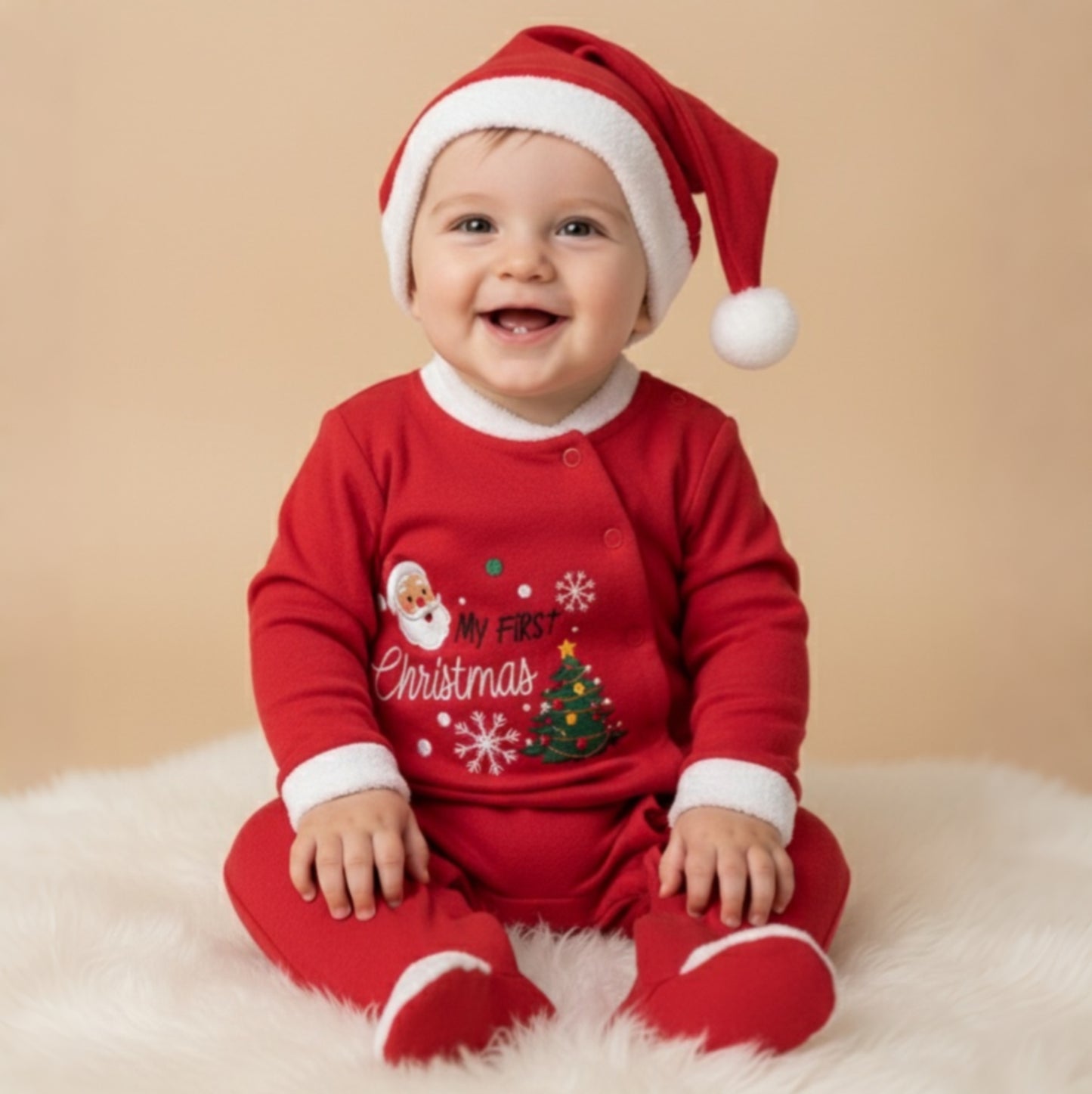 Red “My First Christmas” Baby Onesie – Festive Bodysuit with Santa Hat & Holiday Graphics