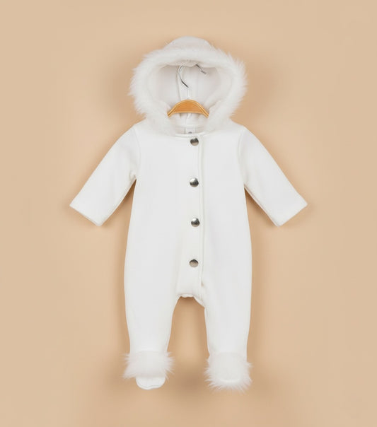 White Hooded Winter Bodysuit with Snap Buttons & Footed Legs